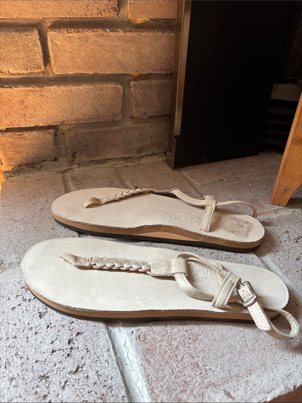 Rainbow Beige Braided Thong Sandals with Buckle Ankle Strap